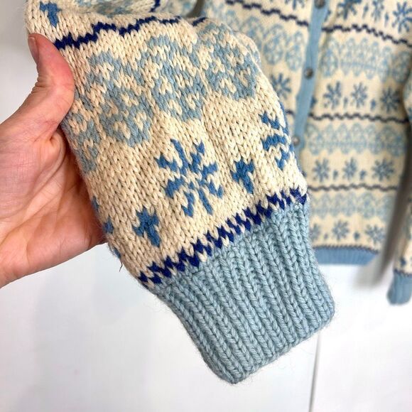 Handmade Wool Cardigan Sweater Womens Cream Blue Fair Isle Knit Scotland Nordic - Picture 4 of 16